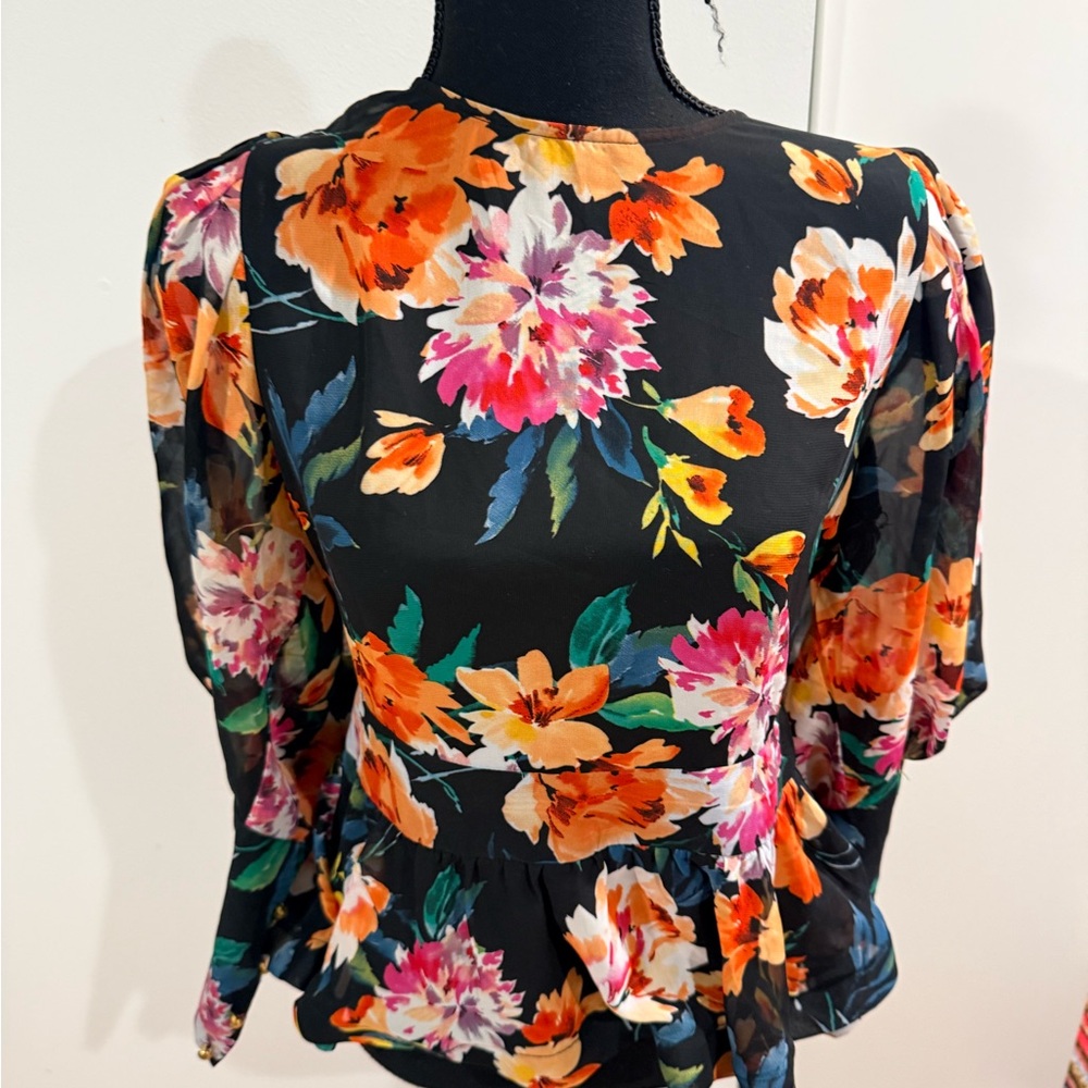 Akira Floral Puff-Sleeve Peplum Top - Black Multi